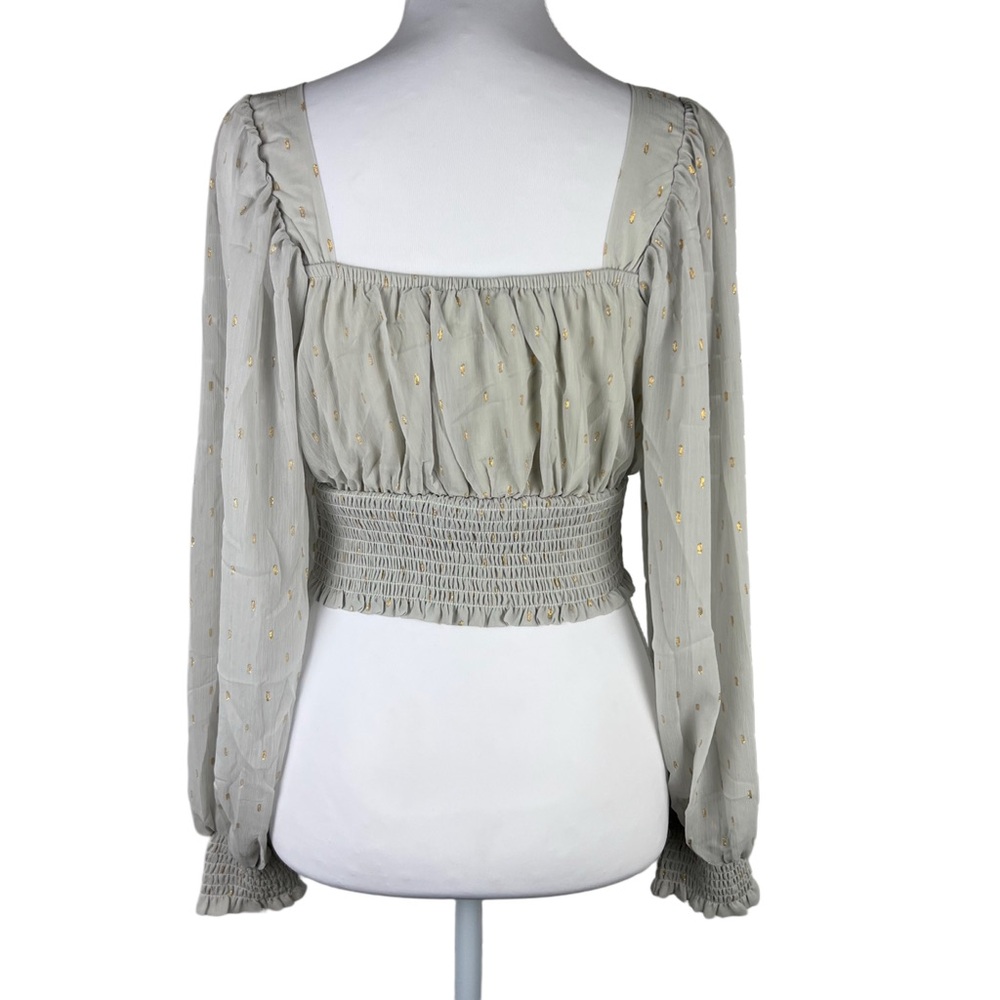 By The River Smocked Crop Top Small Square Neck Puff Sleeve Blouse Gray Gold Dot - Picture 2 of 6